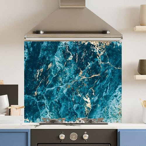 Toughened 6mm Glass Kitchen Splashback 90 x 75cm Dark Blue Gold Marble Polished Heat Resistant Back Splash for Cookers Hob