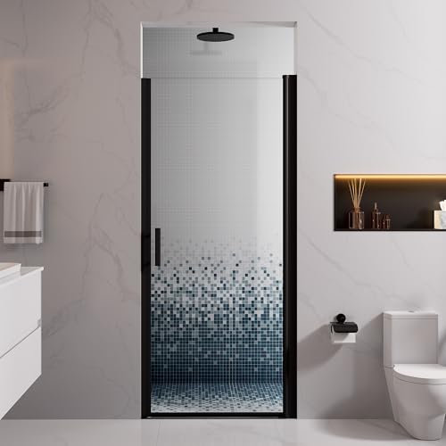 MORVANO Porte de douche pivotante réglable de 83,8 à 86,4 cm de large x 182,9 cm de haut, verre trempé SGCC transparent de 6,35 mm, porte de douche pivotante en finition noire mate, porte de douche
