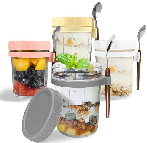 Ysislybin Overnight Oats Jar, 4 Piezas Tarros de Cristal con Tapa y Cuchara, Tarros de Mason Jars con Marcas de Medición, Vasos Yogurtera con Tapa para Cereal Leche Fruta, 350ml/600ml (350ml)