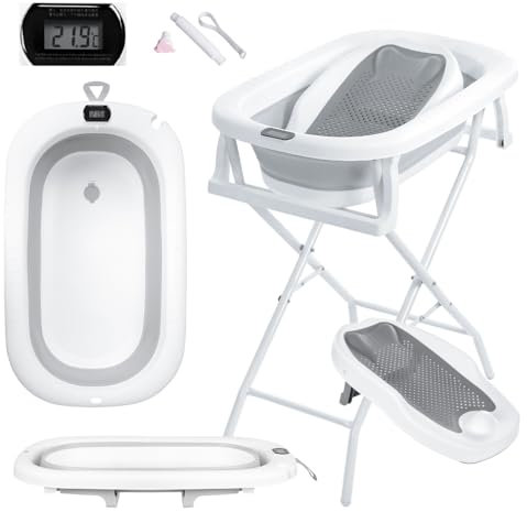 Primabobo Faltbar Babybadewanne, Große Babywanne, Kinderbadewanne mit Badesitz, für Babys von 0-36 Monaten (Milo Grau (Badesitz, Thermometer), Faltbare Babybadewanne mit Gestell)