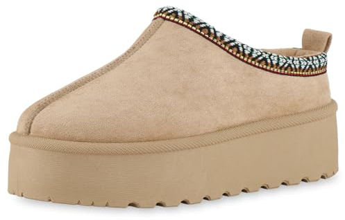 VAN HILL Damen Hausschuhe Pantoffeln Warm Gefüttert mit Plateau Prints Profilsohle