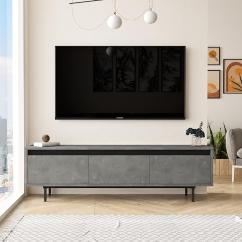 Hanah Home Meuble TV Moderne avec Pieds en métal, argenté et Noir, 160 cm | Panneau de Particules 100% mélamine, épaisseur 18 mm | Montage Mural, étagères Multiples, Solution de Rangement élégante