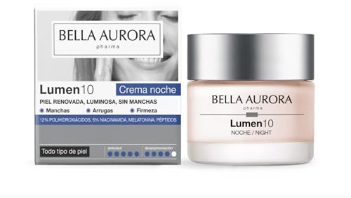 Bella Aurora Lumen10 Nachtcreme gegen Flecken, Global mit Polyhydroxysäuren, Niacinamid und Melatonin-Liposoma, Regeneration, Elastizität und intensive Feuchtigkeitspflege, 50 ml