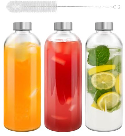 Eidoct 3-Pack 1L Reusable Glass Water Bottle - Leak-Proof, Heat-Resistant for Hot/Cold Drinks, Juicing, Smoothies & Coffee | Includes Free Bottle Brush | Perfect for Gym, Office, Home