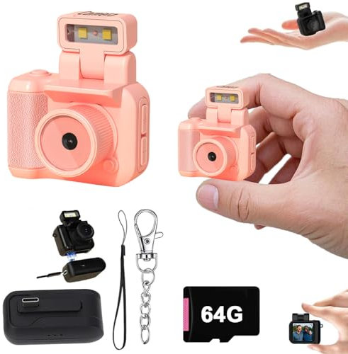 Gsnagole Retro Snap Camera，Mini Nostalgic Vintage View Tiny Snaps Keychain Digital Photo Camera，Llavero Mini CáMara Retro，1080p Hd with Led Flash Light (Pink 64G)