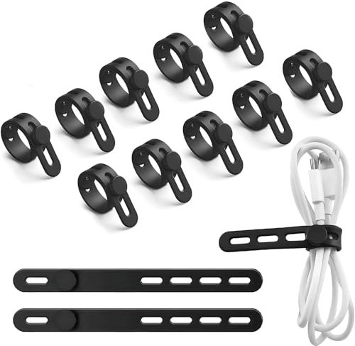 Silicone Cable Ties 10Pcs, Cable Tidy, Cord Organizer Wrap, Reusable Wire Ties Management with Lock Buckle for Headphones, HDMI, Charging, USB, Mouse Wires for Home, Office, Car, Travel (Black)
