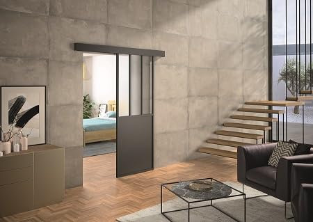 OPTIMUM Kit Porte Coulissante Intérieure Atelier Noir – Verre Clair ou Dépoli – Plusieurs Dimensions – Rail Discret avec Cache – Pose Facile (noir verre clair, 204x93)