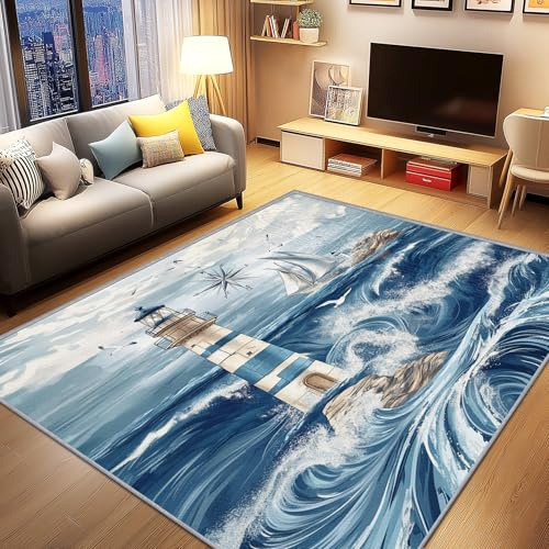 AevuCub Nautisch Deko, Leuchtturm Boot Teppich 140x200 Kurzflor, Teppich Wohnzimmer Ozean Küste, Weich rutschfest Waschbare Teppiche, Bettvorleger Schlafzimmer Kinderzimmer