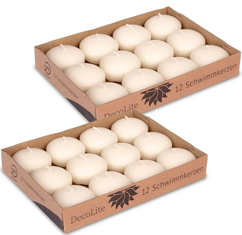 DecoLite Schwimmkerzen Ø 4,5 x 3 cm, 4h Brenndauer, 24 Stück, Creme | RAL-geprüft, ruß- & tropffrei, ohne Duft, Paraffin, 24 Stück, Ø 4,5 x 3 cm, 4 h Brenndauer