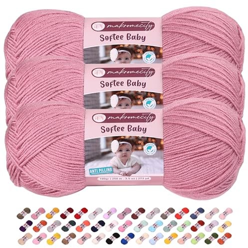 Makromecity Softee Lot de 3 écheveaux de fil doux en acrylique anti-boulochage pour bébé 100 g/m² 100 g/m² Rose poudré 3 écheveaux