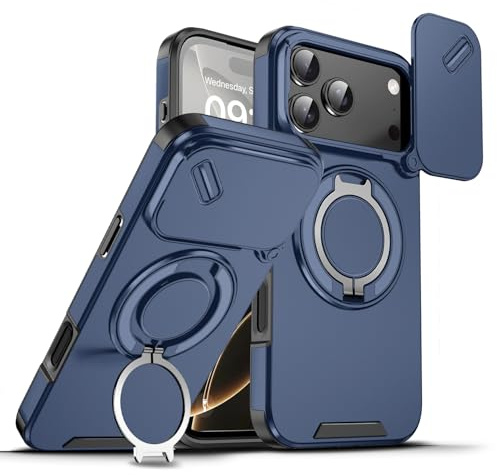 LKMCSOK Cover Magnetica per iPhone 17 Pro, Compatibile con MagSafe, Custodia Protezione Fotocamera Scorrevole, con Rotazione a 360° supporto a cerchio nascosto,Blu