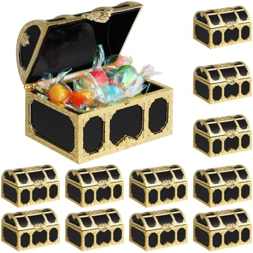 DOITOOL 12 Stk Piraten Schatztruhe Goldene Schatzkiste für Kindergeburtstag | Kleine Plastik Piratenkiste als Süßigkeiten Box, dekorative Geschenkbox für Party Mitgebsel & Gastgeschenke im 12er Set