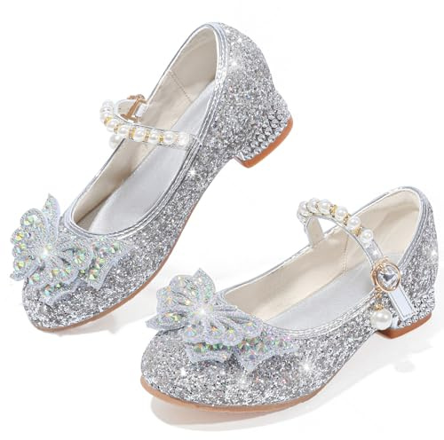 VTASQ Chaussure Princesse Fille Talon avec Paillettes Chaussures Reine Chaussures de Danse Enfant Déguisement Cosplay Chaussure Mariage Noël Anniversaire Cérémonie Fête Argent EU31