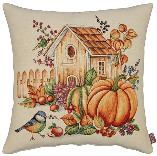 Hossner Gobelin Kissenbezug Kürbis 45x45 Kissenhülle Dekokissen Halloween Kissen Herbst Beidseitiges Herbstmotiv Sonnenblume Vogel Stoff Waschbar