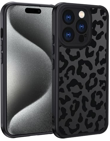 XTCASE für iPhone 15 Pro Hülle, Aesthetic Leopard Muster Frauen Mädchen Case Matt Transluzente Handyhülle Kratzfeste PC Rückseite + TPU Bumper - Schwarz