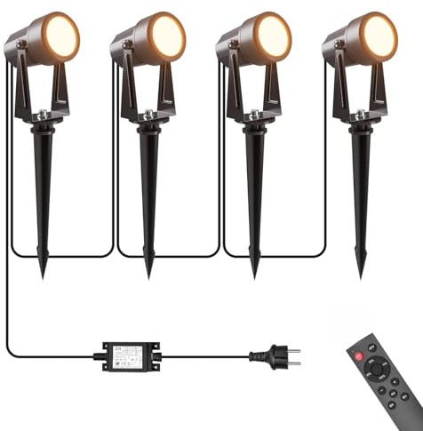 Gartenbeleuchtung mit Strom 17M, 3W*4 Stück Außenbeleuchtung Garten mit Fernbedienung 3000K Warmweiß mit Timer-Funktion, 27V Gartenstrahler LED Außen IP65 Wasserdicht für Weg, Rasen, Hof, Terrasse