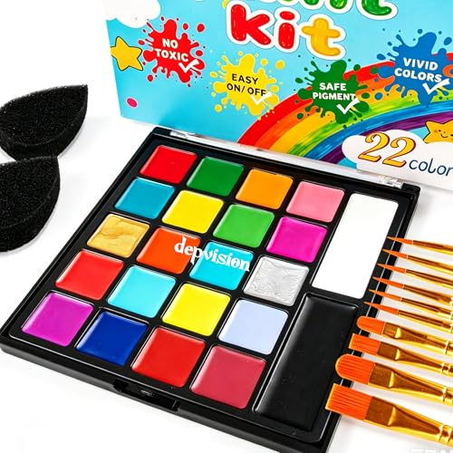 Face Body Paint Kit, 22 Colors Face Painting Palette, Depvision Oil Based Face Paint Set Non Toxic Hypoallergenic, with 10 pcs Brushes, 2 pcs sponges Halloween SFX Cosplay Party Costume Makeup