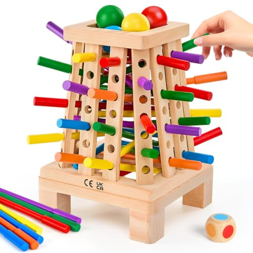 Montessori Spiel Brettspiel aus Holz, 36 Bunte Holzstäbchen Spiele, Lernspiele Feinmotorik und Mathe, Kinderspiele Gesellschaftsspiele Reisespiele ab 3 4 5 6 Jahre, Geschenke für Kinder Mädchen Jungen