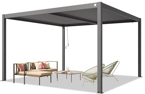 PRIMEYARD Pergola 4x4 m Aluminium-Pfosten mit Lamellendach aus Stahl graue Terrassenüberdachung