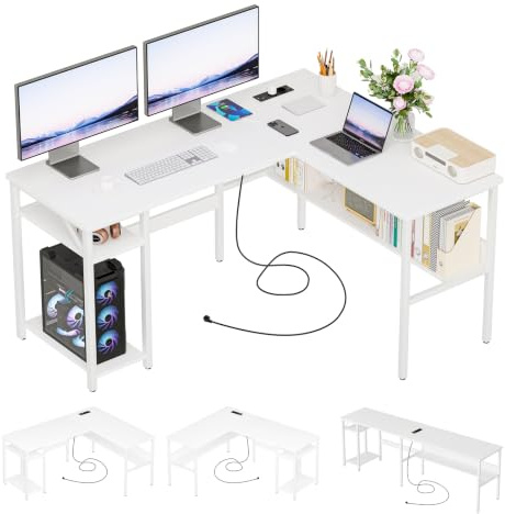 Homieasy Bureau d'angle avec Prises et USB, 128cm Bureau en L Réversible avec Étagère et Support CPU, Bureau Gaming Gain de Place pour Ordinateur, Maison et Chambre, Blanc