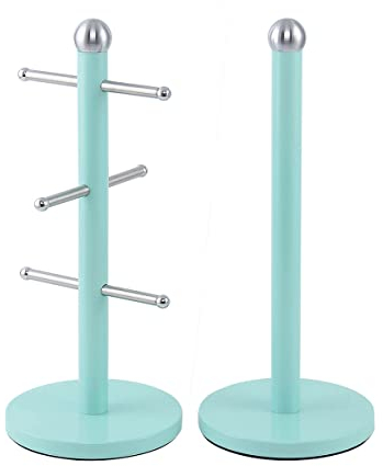 SQ Professional Mug Tree and Kitchen Roll Holder Stand Set in Light Blue, Pink or Mint Green (Mint Green)