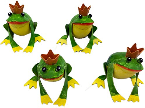 Pape Kunstgewerbe 4 süße Frösche mit Krone aus Metall handbemalt je 5 x 4 x 6 cm als Figuren. Frosch Froschkönig als Deko zum Aufstellen