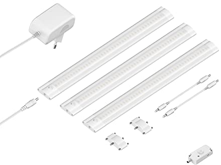 ledscom.de LED Unterbau-Leuchte SIRIS weiß matt mit Bewegungsmelder, flach, je 30cm, je 368lm, warm-weiß, 3er Set