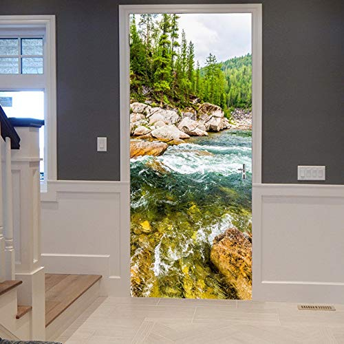 A.Monamour Türtapete Selbstklebend Türfolie Türposter 3D Grüne Wald Bäume Rocken Berge Fluss Wasser Naturlandschaft Vinyl Folie Türdeko Tapete Wandbild Türaufkleber Türtattoo 77 x 200 cm