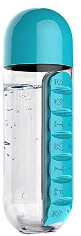 Yicare Pilulier 7 jours 1 fois par jour - Kit de voyage et de randonnée - Bouteille d'eau étanche et résistante à l'humidité (bleu)