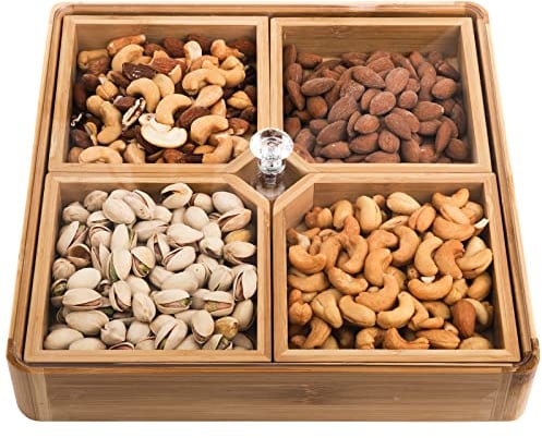 WUWEOT Bamboo Nut and Candy Serving Tray, Party Appetizer Platter Veggie Dish, Candy Bowl with Acrylic Lid & Removable Dividers for Party, Taco Dip Parties Platters & Chip Bowls