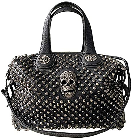Downupdown Damen-Handtasche, Umhängetasche, Nieten, Totenkopf, PU-Leder, Griff oben, Schultertasche, Umhängetasche, Punk-Tasche, Schwarz2, Einheitsgröße