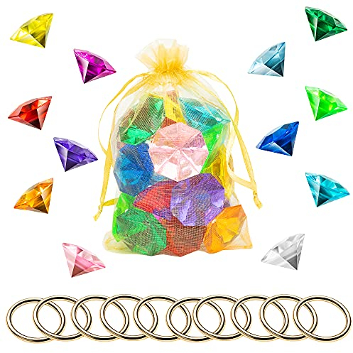 PANTIDE 35Stück Acryl Diamant Gold Runder Ring Satz Schatz Schatztruhe Hunt Juwelen mit Tasche für Kinder Blauer Igel Chaos Smaragde Macht Ringe Torten-Dekoration Halloween Geburtstag Party Zubehör