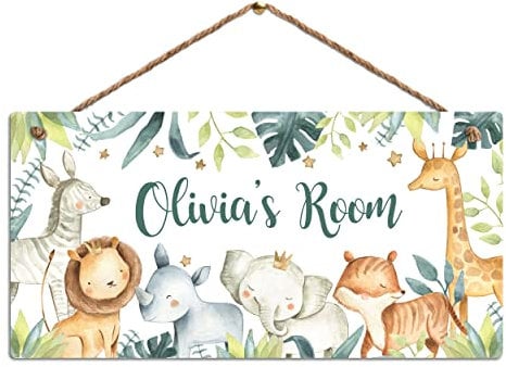 Personalised Room Sign with Childs Name - Safari Animal Theme. Gloss Metal Wall Art. Baby, Toddler, Infant Bedroom.