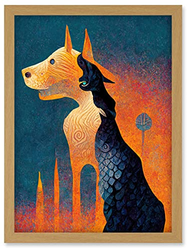 Doppelganger33 LTD Abstract Dog Monument Statue Illustration Teal Orange Artwork Framed Wall Art Print A4