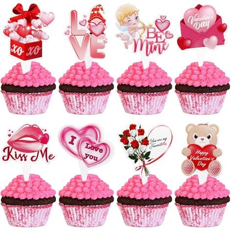 Ercadio 32 Pack Valentine's Day Cupcake Toppers Hear Be Mine Cupcake Picks Valentine's Day Kiss Me Cupcake Toppers Valentine’s Day I Love You Cupcake Picks for Wedding Valentine's Party Cake Decors