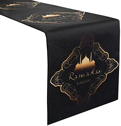 COLOFALLA 33x180cm Eid Mubarak Tischläufer aus Leinen Ramadan Kareem Tischdecke Muslimische Tischdeko Dekoration für Zuhause Feiertag Islamische Partydeko (Schwarz)