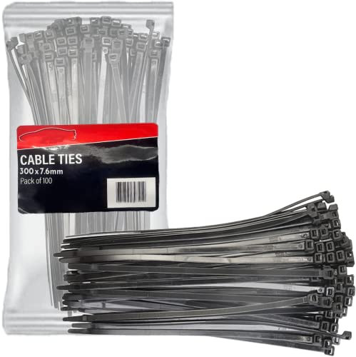 Xtremeauto Cable Ties 100 Pack Zip Ties - Heavy Duty Zip Tie Pack, Nylon Cable-Ties, Strong Self-Locking Cable Tie Wire Ties, Perfect for Home, Garden, Office, Mechanics & DIY (300mm x 7.6mm, Black)