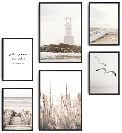 decomonkey | 6er Poster Set OHNE Bilderrahmen | Boho Abstrakt | 4 x DIN A4 & 2 x DIN A3 | Wohnzimmer Schlafzimmer Wandposter Blider Collage Modern Wanddeko Meer Strand Sprüche Natur Vintage