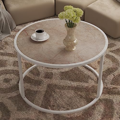 SAYGOER Kleiner Couchtisch aus Marmor, rund, schlicht, modern, Boho, für Wohnzimmer, Heimbüro, 27,6 x 27,6 x 17,7 cm, einfache Montage, cremeweißer Kunstmarmor