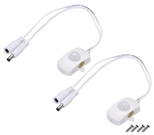 sourcing map DC 5V-24V 5A PIR Motion Activated Sensor Switch with DC Coupler Cable for Kitchen Cabinet LED Strip Light, 2Pcs,White