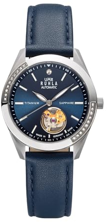 UMR RUHLA Armbanduhr, Damen, Automatik, Lederarmband, Titangehäuse, wasserdicht bis 5 bar, Farbe:Blau