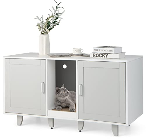 COSTWAY Katzenklo Schrank für 2 Katzen, Katzenschrank für Katzentoilette, Katzenhaus mit 2 Türen & Kratzbrett & Eingang, Katzenhöhle Katzenmöbel Beistelltisch, für Hunde Haustier, 120x52x65cm (Grau)