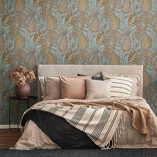 Livingwalls Famous Garden 393464 Papier peint intissé Motif feuilles Bleu clair jaune marron 10,05 m x 0,53 m