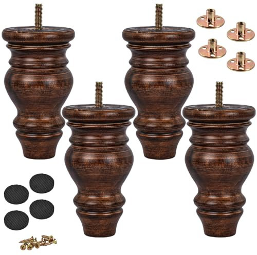 TCHOSUZ 5 inch / 12cm Wooden Furniture Legs, Pack of 4 Glaze Solid Wood Turned DIY Replacement Bun Feet with M8 Hanger Bolts & T-Nuts or Sofa Couch Cabinet Recliner Ottoman Riser