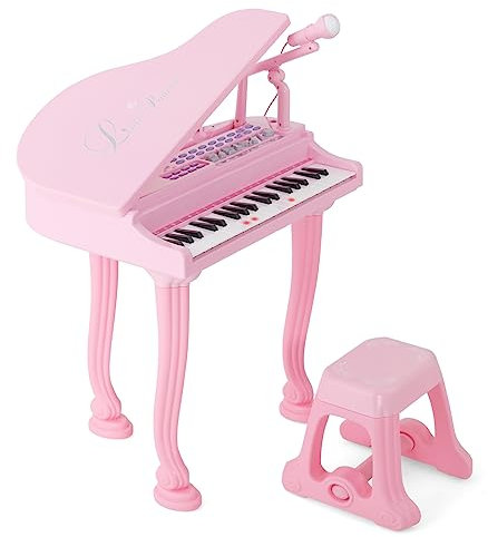 GOPLUS Kinder Keyboard mit 37 Tasten, Mini E-Piano mit LED Lichter, Mehreren Sounds, verstellbarem Mikrofon & Hocker, Elektronisches Klavier für Mädchen & Junge ab 3 Jahre (Rosa)