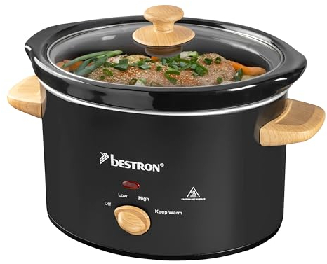 Bestron Mijoteuse électrique, Cuisinière à jonglerie avec poêle en céramique & couvercle en verre, thermostat à 3 niveaux, idéale pour la viande, les soupes et les légumes, 3,5L, Couleur: Noir/Bois