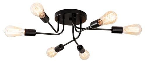 Industrial Semi Flush Mount Decke 6 Licht mit Verstellbaren Metall Verzweigt Vintage Deckenleuchte E27 Halter schwarz lackiert für Küche Esszimmer Schlafzimmer （Schwarz）(Glühbirne nicht enthalten)