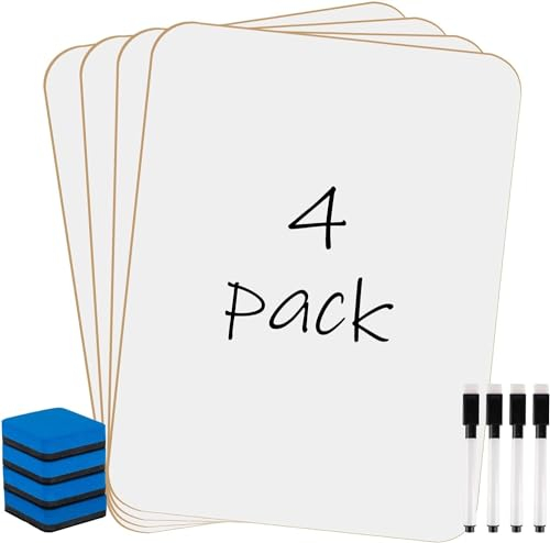4Pcs Whiteboard Klein 21cm x 30cm Weiße Tafel A4 Trocken Abwischbar Mini Whiteboards, Doppelseitige Weiße Tafel mit 4 Stiften und 4 Radiergummis, Tragbar Whiteboard für Schule Büro Homeoffice
