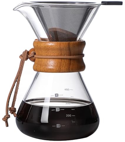 COFISUKI Pour Over Coffee Maker with Reusable Stainless Steel Drip Filter, Lead-Free Borosilicate Glass Coffee Carafe with Modern Wooden Collar for 1-2Cup, Circular Clear (400ml/13.5oz)