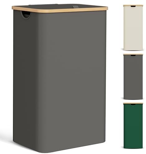 YOUDENOVA Laundry Basket with Lid 85-Litre Large Washing Baskets for Laundry with Laundry Bag Collapsible Laundry Baskets with Handles Laundry Hamper Bamboo Laundry Bin for Bedroom, Dark grey